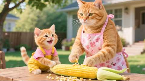 Mama Cat And Ginger Kitten Harvest Corn To Make Pasta At Home Because The Kitten Craves It So Much!