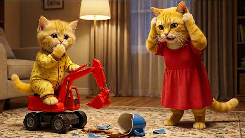 Ginger Kitten Plays with a Toy Excavator and Breaks a Cup – Gets Scolded by Mama Cat!