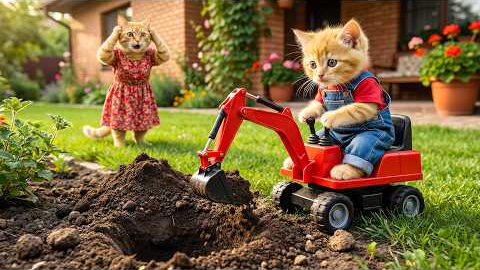 Ginger Kitten Digs the Yard for Treasure – Mama Cat Is Shocked!