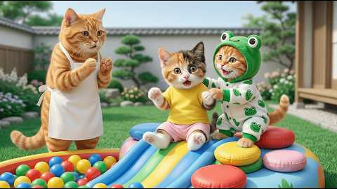 Mama Cat Secretly Makes a Balloon Slide – Ginger Kitten Is Surprised! ❤️🐱🎈