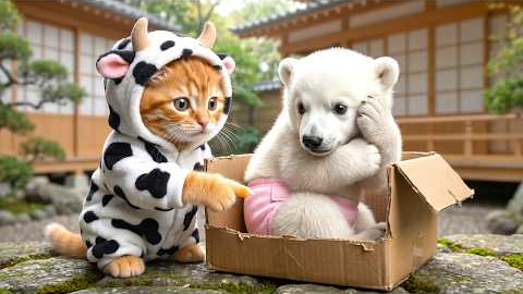 Ginger Kitten Tries to Help a Lost Baby Bear – Mama Cat Joins the Rescue 🐻💖