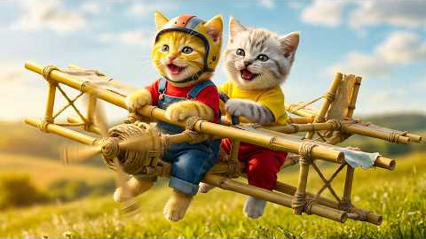 Ginger Kitten Builds a Bamboo Airplane – Mama Cat Is So Proud!