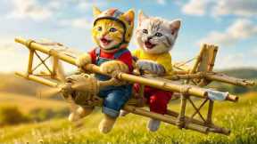 Ginger Kitten Builds a Bamboo Airplane – Mama Cat Is So Proud!